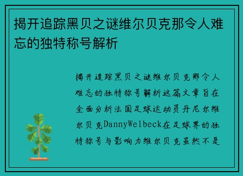 揭开追踪黑贝之谜维尔贝克那令人难忘的独特称号解析