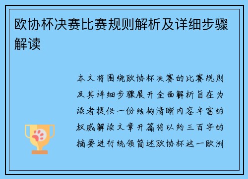 欧协杯决赛比赛规则解析及详细步骤解读