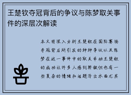 王楚钦夺冠背后的争议与陈梦取关事件的深层次解读